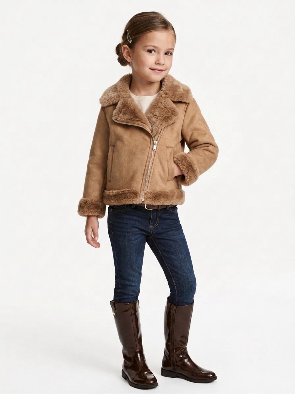 H&M Girls Tan Camel Faux Shearling Suede Biker Jacket Size 3-4Y Cozy Winter Coat